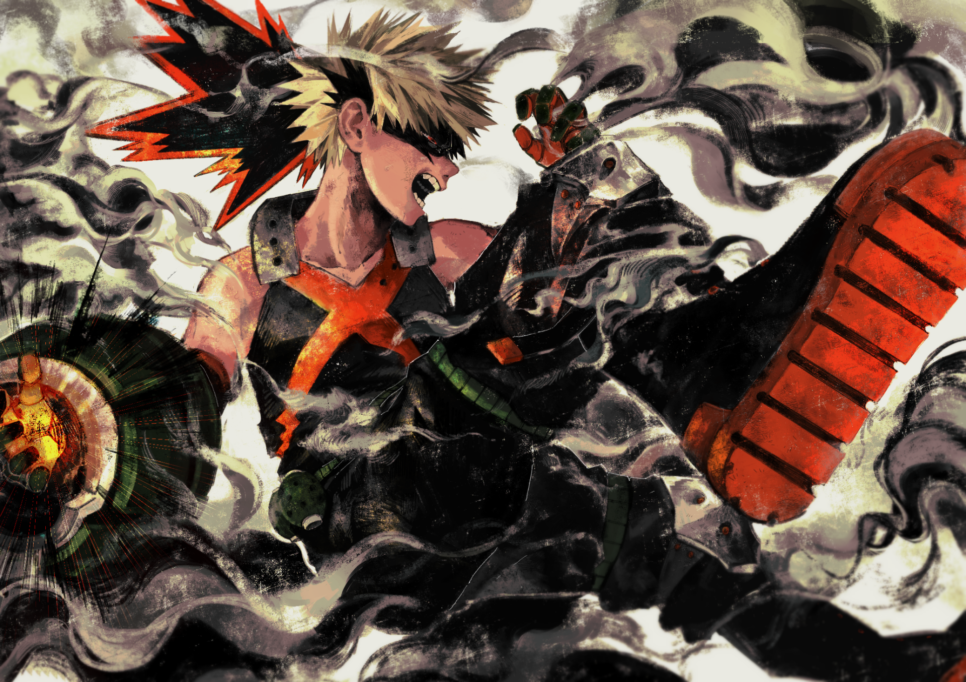 HD PC desktop wallpaper of Bakugo Katsuki from the anime My Hero Academia, showcasing his explosive power amidst dynamic black and orange smoke effects.