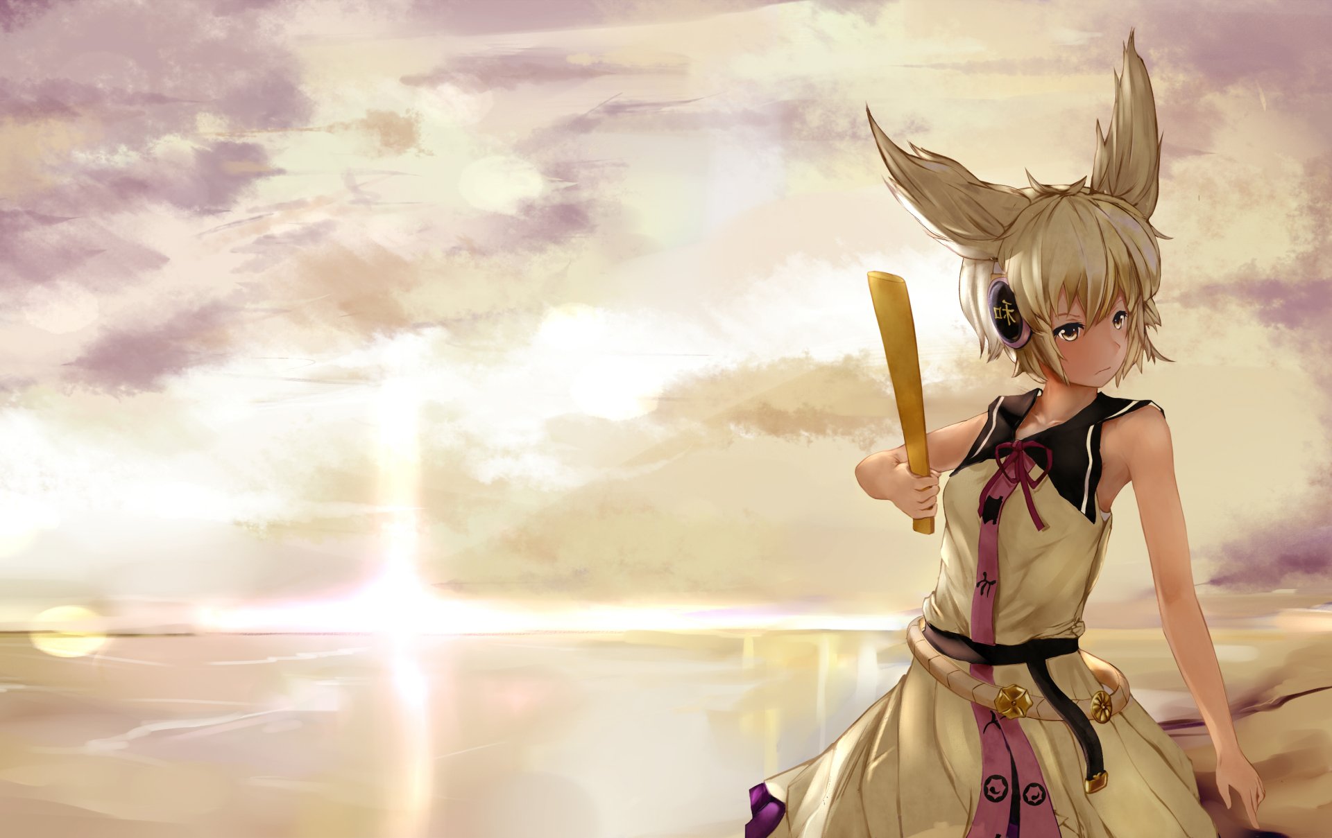 Toyosatomimi no Miko (Touhou) anime 2K Quad HD PC desktop wallpaper/background — blonde fox-eared girl with eyepatch holding a staff on a reflective sunset shore