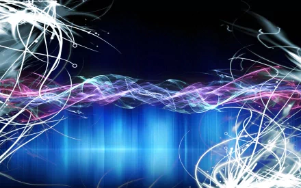 Artistic abstract design with glowing white strands and colorful flowing waves set against a deep blue background, crafted as an HD PC desktop wallpaper and background.