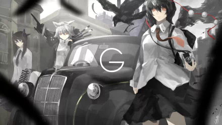 HD anime desktop wallpaper featuring Touhou characters Hatate Himekaidou, Momiji Inubashiri, and Aya Shameimaru around a vintage car in a monochrome style.