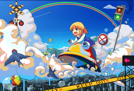 HD PC desktop wallpaper featuring Suwako Moriya from Touhou, flying joyfully above clouds with a rainbow, railroad crossing signs, and playful elements in a vibrant anime style.