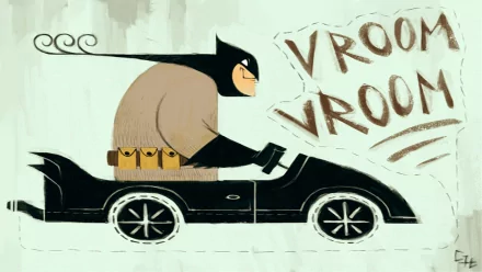 HD desktop wallpaper featuring a comic-style Batman driving the Batmobile with Vroom Vroom written in the background.
