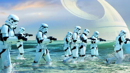 A striking HD wallpaper featuring stormtroopers advancing through the water, with the iconic Death Star looming in the background, inspired by *Rogue One: A Star Wars Story*.