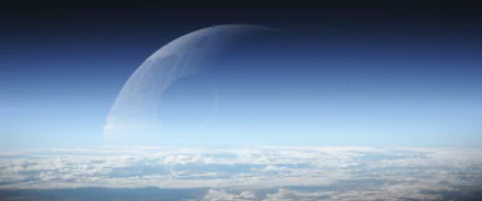 HD wallpaper of “Rogue One: A Star Wars Story” featuring the Death Star partially obscured by clouds over a serene landscape and dark sky.