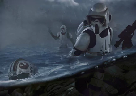 HD PC desktop wallpaper from the movie Rogue One: A Star Wars Story, showing stormtroopers wading through water in a misty, tense environment.