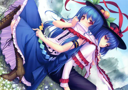 HD anime wallpaper featuring Iku Nagae and Tenshi Hinanawi from Touhou, showcasing vibrant colors and detailed character designs against a bright sky background.