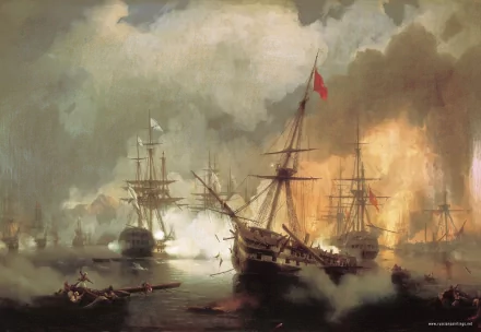 A dramatic depiction of a military battle at sea, featuring ships engaged in combat amidst smoke and explosions, serving as an impressive HD PC desktop wallpaper and background.
