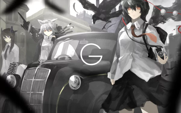HD anime desktop wallpaper featuring Touhou characters Hatate Himekaidou, Momiji Inubashiri, and Aya Shameimaru around a vintage car in a monochrome style.
