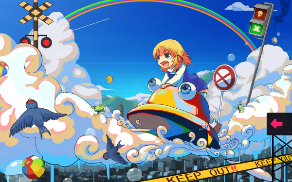 HD PC desktop wallpaper featuring Suwako Moriya from Touhou, flying joyfully above clouds with a rainbow, railroad crossing signs, and playful elements in a vibrant anime style.