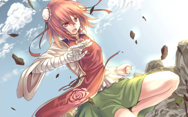 Kasen Ibaraki (Touhou) in a dynamic pose atop rocky cliffs, wind‑blown red hair, red top and green skirt, petals and debris against a bright sky — 2K Quad HD PC desktop wallpaper