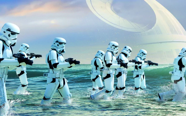 A striking HD wallpaper featuring stormtroopers advancing through the water, with the iconic Death Star looming in the background, inspired by *Rogue One: A Star Wars Story*.