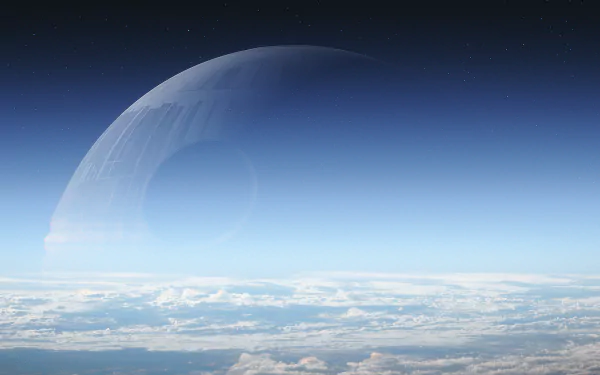 HD wallpaper of “Rogue One: A Star Wars Story” featuring the Death Star partially obscured by clouds over a serene landscape and dark sky.