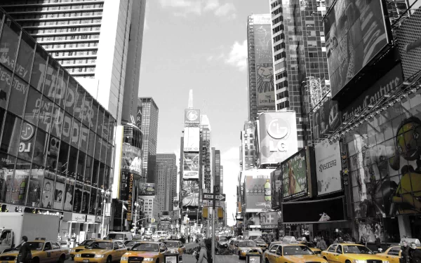 HD PC desktop wallpaper: Times Square, Manhattan - black-and-white cityscape with yellow taxis and towering man-made skyscrapers in New York.