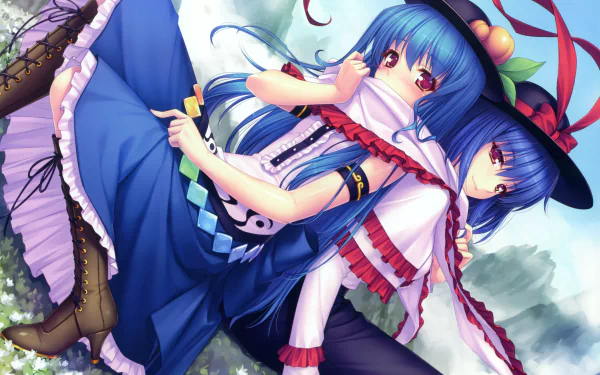 HD anime wallpaper featuring Iku Nagae and Tenshi Hinanawi from Touhou, showcasing vibrant colors and detailed character designs against a bright sky background.