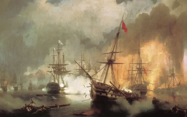 A dramatic depiction of a military battle at sea, featuring ships engaged in combat amidst smoke and explosions, serving as an impressive HD PC desktop wallpaper and background.