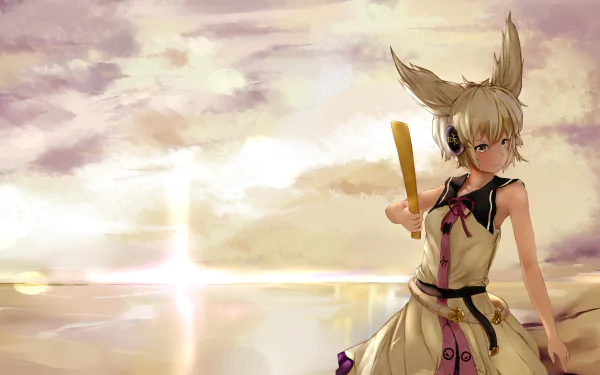 Toyosatomimi no Miko (Touhou) anime 2K Quad HD PC desktop wallpaper/background — blonde fox-eared girl with eyepatch holding a staff on a reflective sunset shore