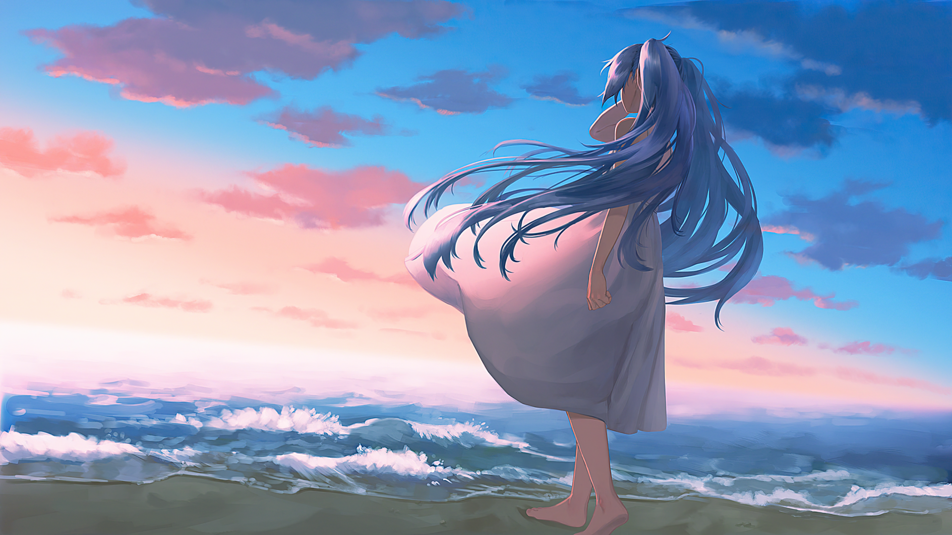 HD anime desktop wallpaper featuring Hatsune Miku, the iconic Vocaloid, standing barefoot on a beach with flowing hair against a vibrant sunset sky.