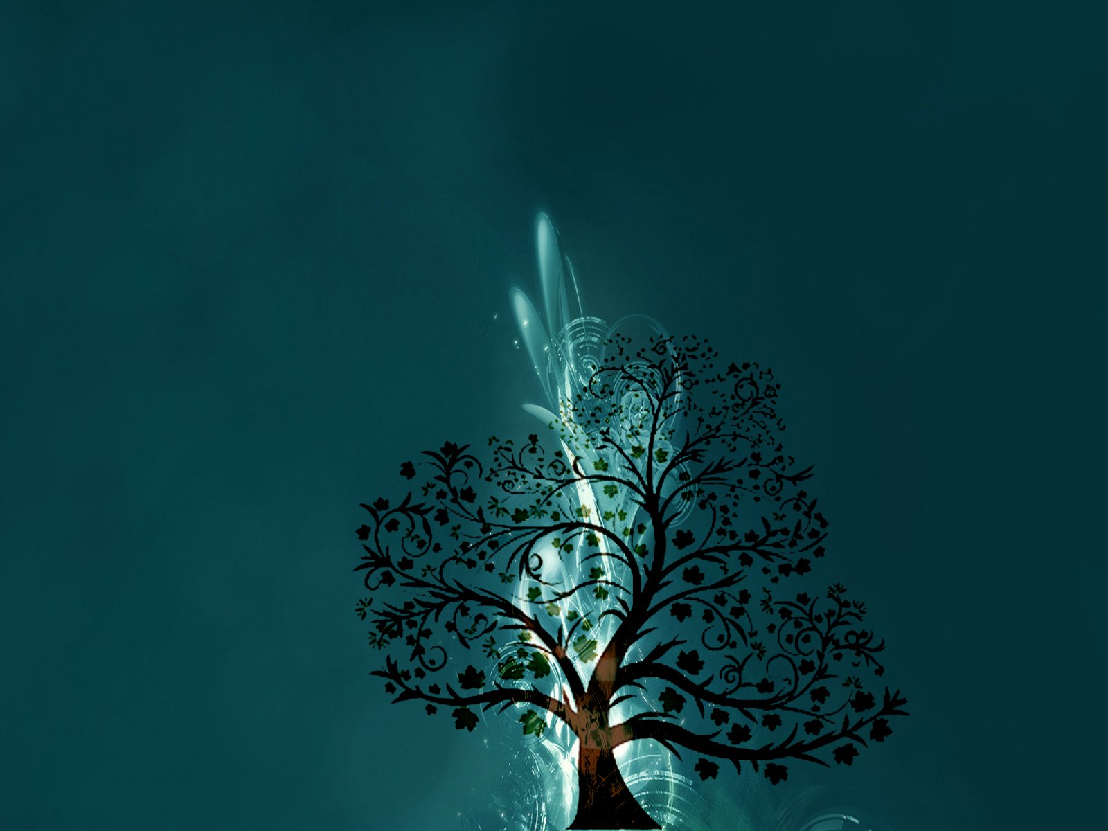 Artistic vector depiction of a tree with intricate details and swirling light effects, set against a deep blue background, creating a serene nature-inspired HD desktop wallpaper.