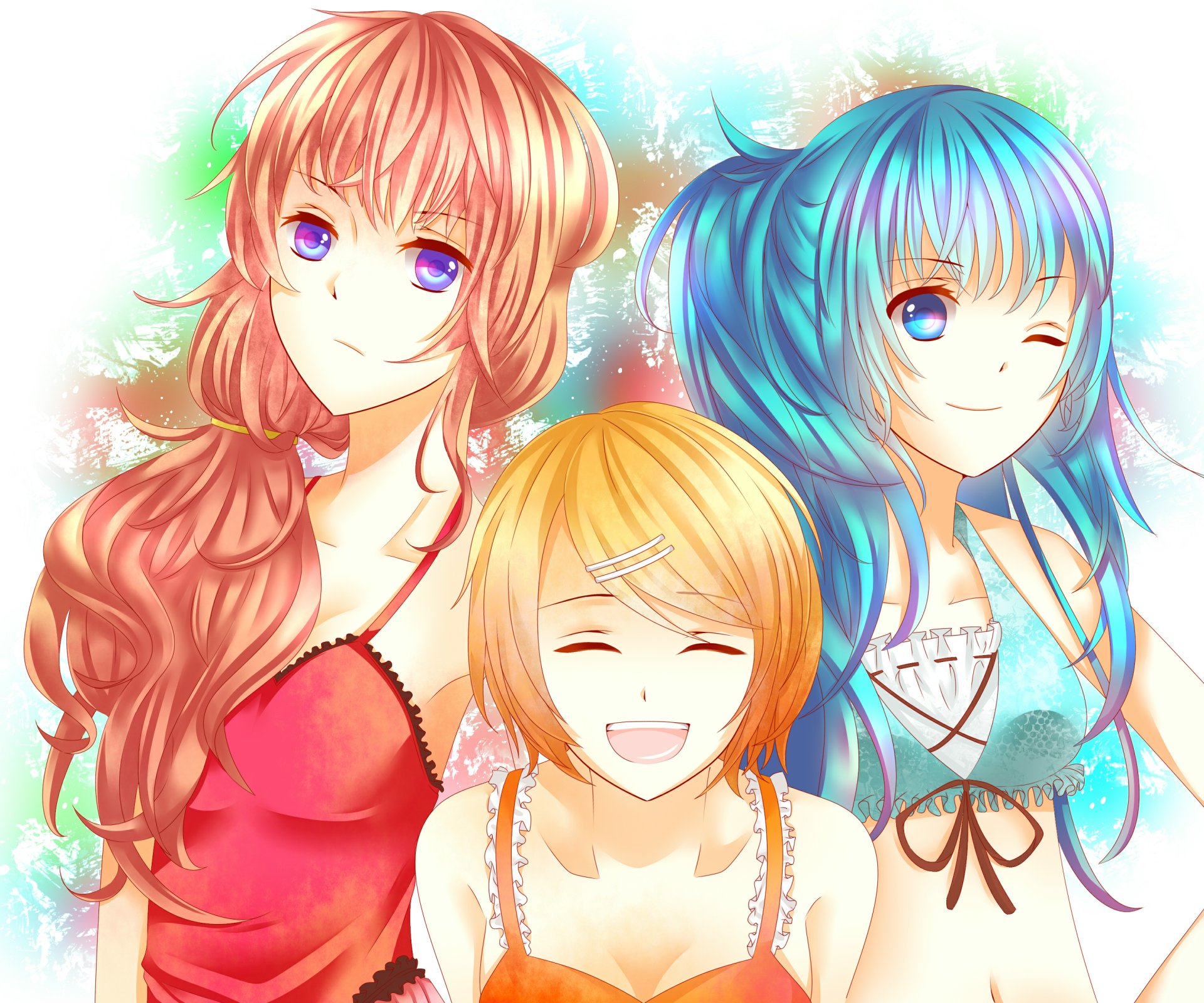 HD anime desktop wallpaper featuring Vocaloid characters Rin Kagamine, Luka Megurine, and Hatsune Miku with vibrant colors and expressive poses.