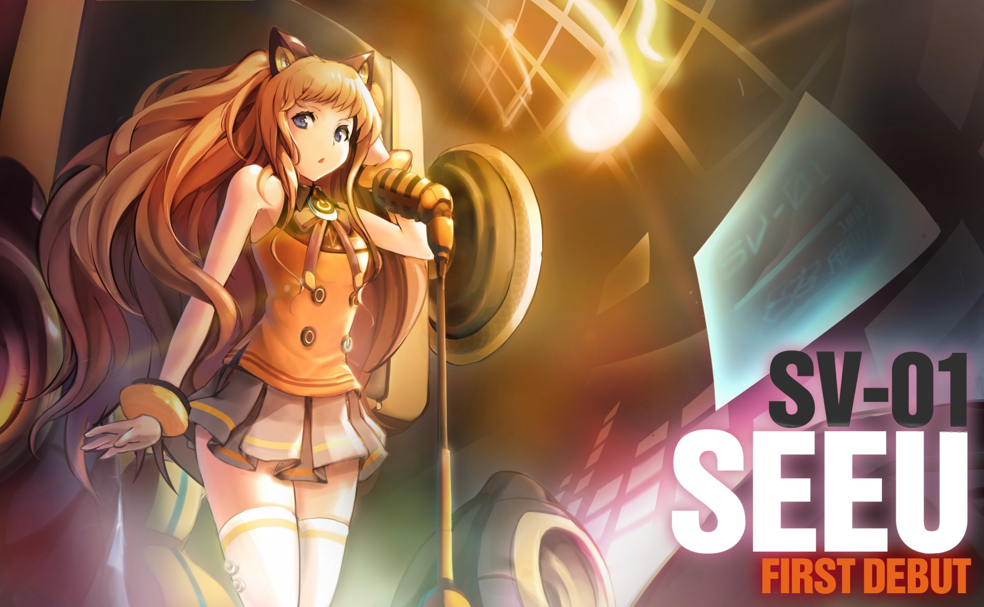 SeeU (Vocaloid) anime HD PC desktop wallpaper: orange-haired idol with cat-ear headset singing into a microphone on a glowing stage, SV-01 SEEU FIRST DEBUT text at right.