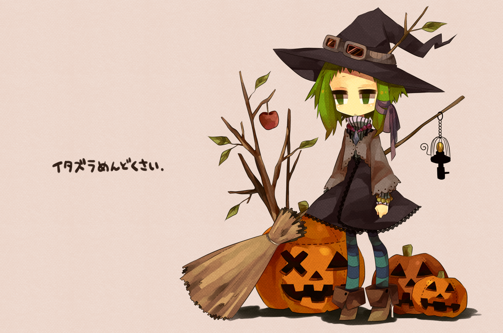 HD PC desktop wallpaper featuring GUMI from Vocaloid dressed as a witch, standing beside Halloween pumpkins and holding a broom, with anime-style artwork and Japanese text.