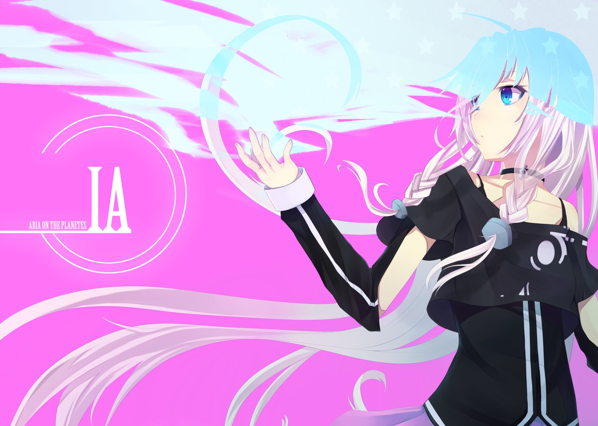 HD PC desktop wallpaper featuring IA from Vocaloid in vibrant anime style with pastel pink and blue tones.