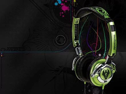 Vector art of vibrant green headphones with colorful cables against a dark background, designed as a HD PC desktop wallpaper focused on music themes.