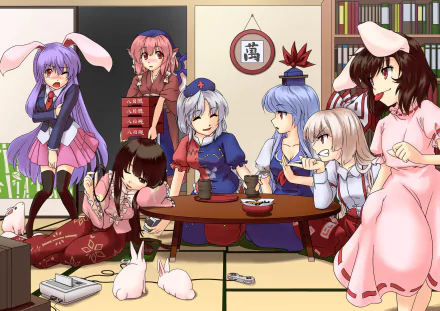 Keine Kamishirasawa Mystia Lorelei Eirin Yagokoro Fujiwara no Mokou Kaguya Houraisan Tewi Inaba Reisen Udongein Inaba Anime Touhou HD Desktop Wallpaper | Background Image