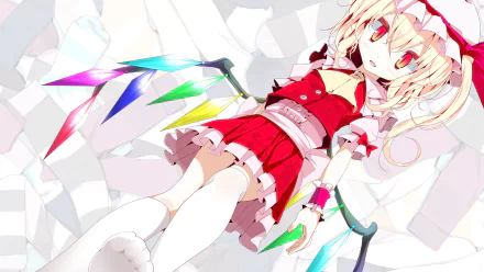Anime-style Touhou wallpaper of Flandre Scarlet reclining on white shards, red frilled dress, long blonde hair and rainbow-crystal wings, HD PC desktop background.