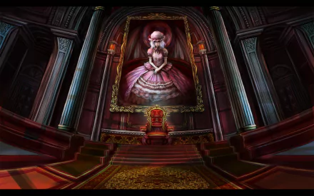 HD PC desktop wallpaper of Remilia Scarlet (Touhou) in gothic anime style: moonlit grand hall with towering pillars, crimson carpet and an ornate portrait above a throne.