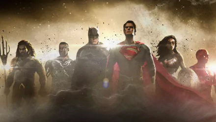 HD desktop wallpaper featuring DC Comics' Justice League members: Cyborg, Aquaman, Batman, Superman, Wonder Woman, and Flash, standing heroically amidst a dramatic, smoky background.