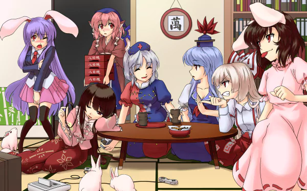 Keine Kamishirasawa Mystia Lorelei Eirin Yagokoro Fujiwara no Mokou Kaguya Houraisan Tewi Inaba Reisen Udongein Inaba Anime Touhou HD Desktop Wallpaper | Background Image