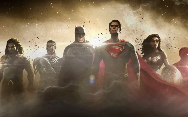 HD desktop wallpaper featuring DC Comics' Justice League members: Cyborg, Aquaman, Batman, Superman, Wonder Woman, and Flash, standing heroically amidst a dramatic, smoky background.