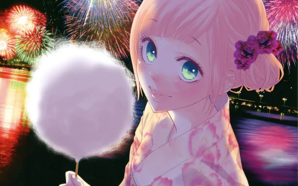 4K Ultra HD anime wallpaper featuring Luka Megurine from Vocaloid, inspired by Just Be Friends, with fireworks lighting the night sky and a glowing cotton candy.