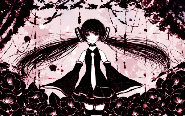 Hatsune Miku anime Vocaloid portrait: seated with long twin tails amid dark roses, black-and-pink splatter backdrop — 2K Quad HD PC desktop wallpaper/background.