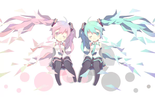 HD PC desktop wallpaper featuring anime-style Sakura Miku and Hatsune Miku from Vocaloid, depicted with pastel pink and teal twin tails on a white background.