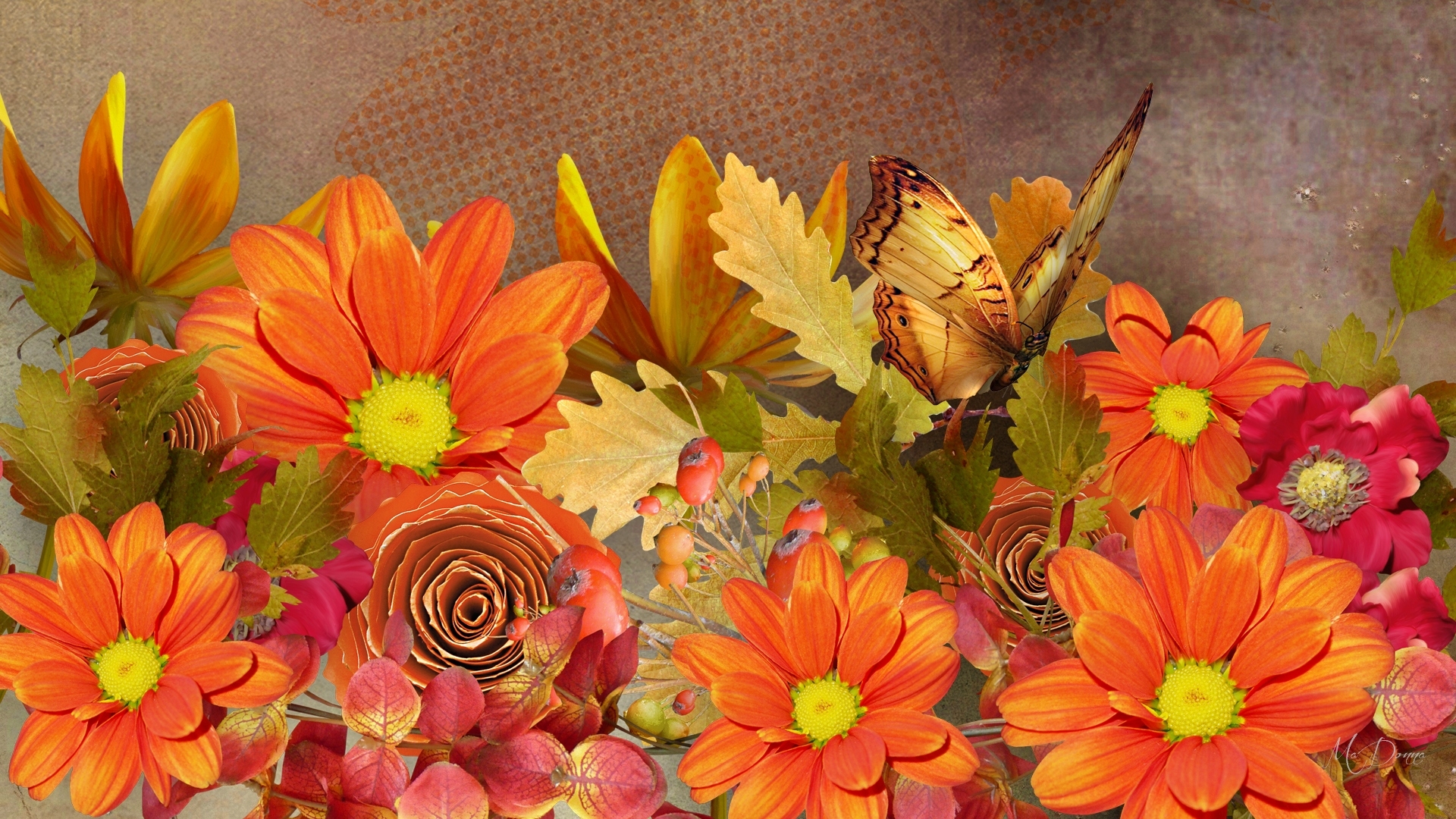 Autumn Flowers and Butterfly by MaDonna