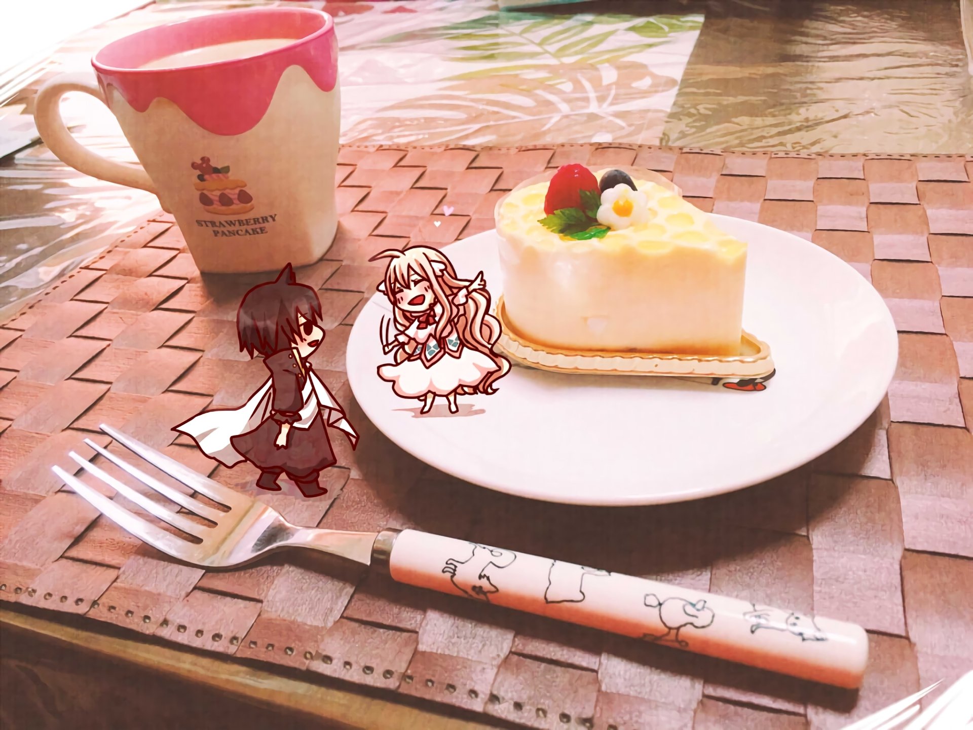 A charming HD wallpaper featuring Zeref Dragneel and Wendy Marvell from the anime Fairy Tail, playfully positioned next to a slice of cake and a cute mug.