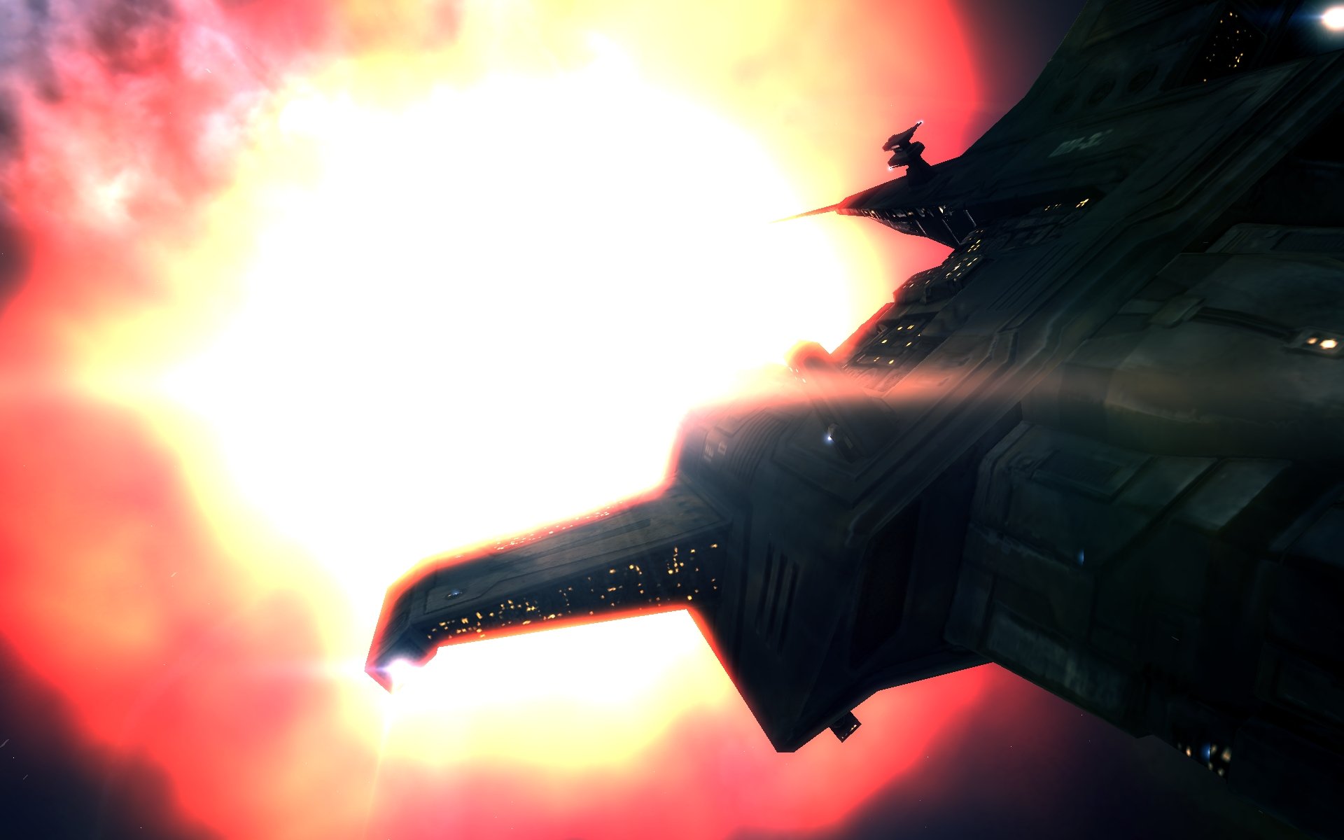 HD Sci-Fi PC wallpaper featuring a detailed spaceship silhouette against a bright, fiery cosmic background.