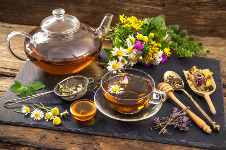 A beautifully arranged still life featuring a teapot and teacup filled with chamomile tea, surrounded by colorful flowers and herbal ingredients, captured in 4K Ultra HD.