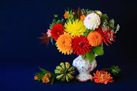 A colorful still life photography of a flower bouquet in a decorative gourd-shaped vase against a dark background, captured as an HD PC desktop wallpaper.