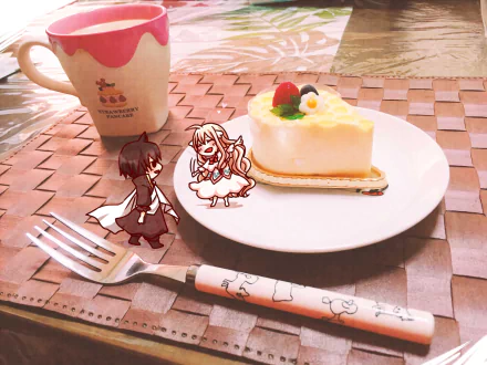 A charming HD wallpaper featuring Zeref Dragneel and Wendy Marvell from the anime Fairy Tail, playfully positioned next to a slice of cake and a cute mug.