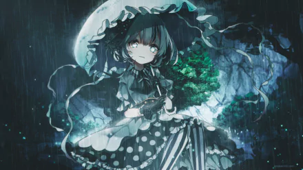 A stunning HD anime wallpaper featuring a figure in a polka dot dress and hat, holding an umbrella, set against a moody, rain-soaked backdrop with a full moon.