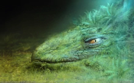 A high-definition desktop wallpaper featuring a close-up of a fantasy creature with a textured green face partially hidden among ferns and grass, emanating a mystical and otherworldly aura.