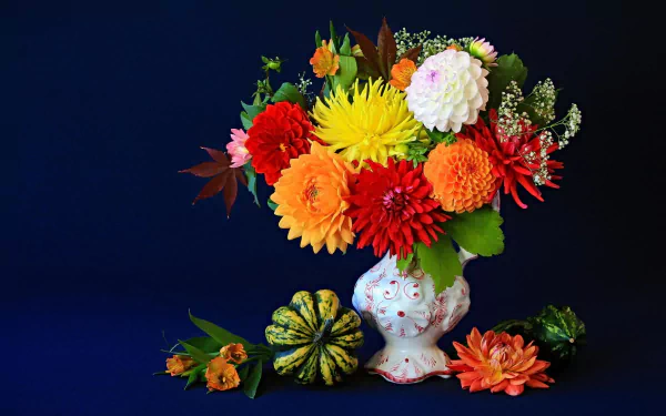 A colorful still life photography of a flower bouquet in a decorative gourd-shaped vase against a dark background, captured as an HD PC desktop wallpaper.