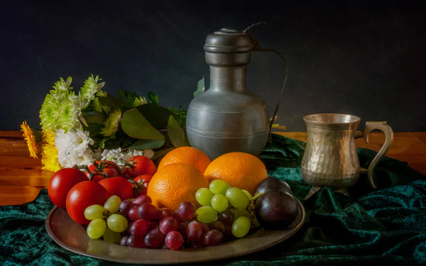 orange (Fruit) grapes tomato fruit pitcher flower photography still life HD Desktop Wallpaper | Background Image