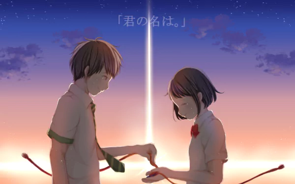 HD PC desktop wallpaper: anime scene from Your Name. showing Taki Tachibana and Mitsuha Miyamizu at sunset exchanging red threads beneath a comet.