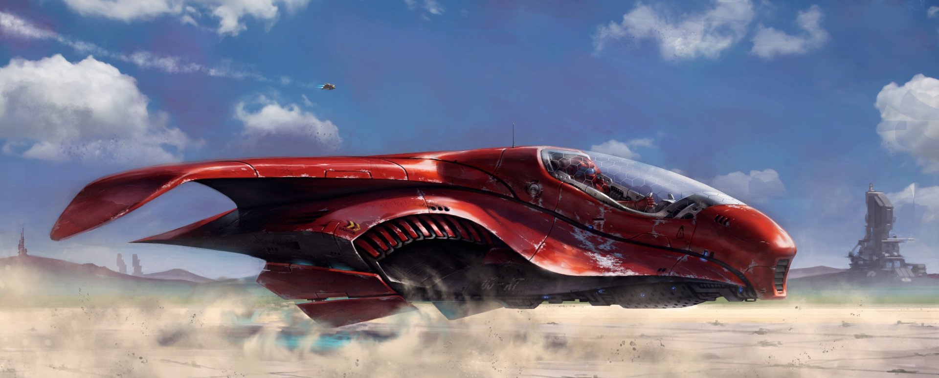 Futuristic red sci-fi vehicle speeding across a dusty landscape under a blue sky, rendered in high-definition for a PC desktop wallpaper.