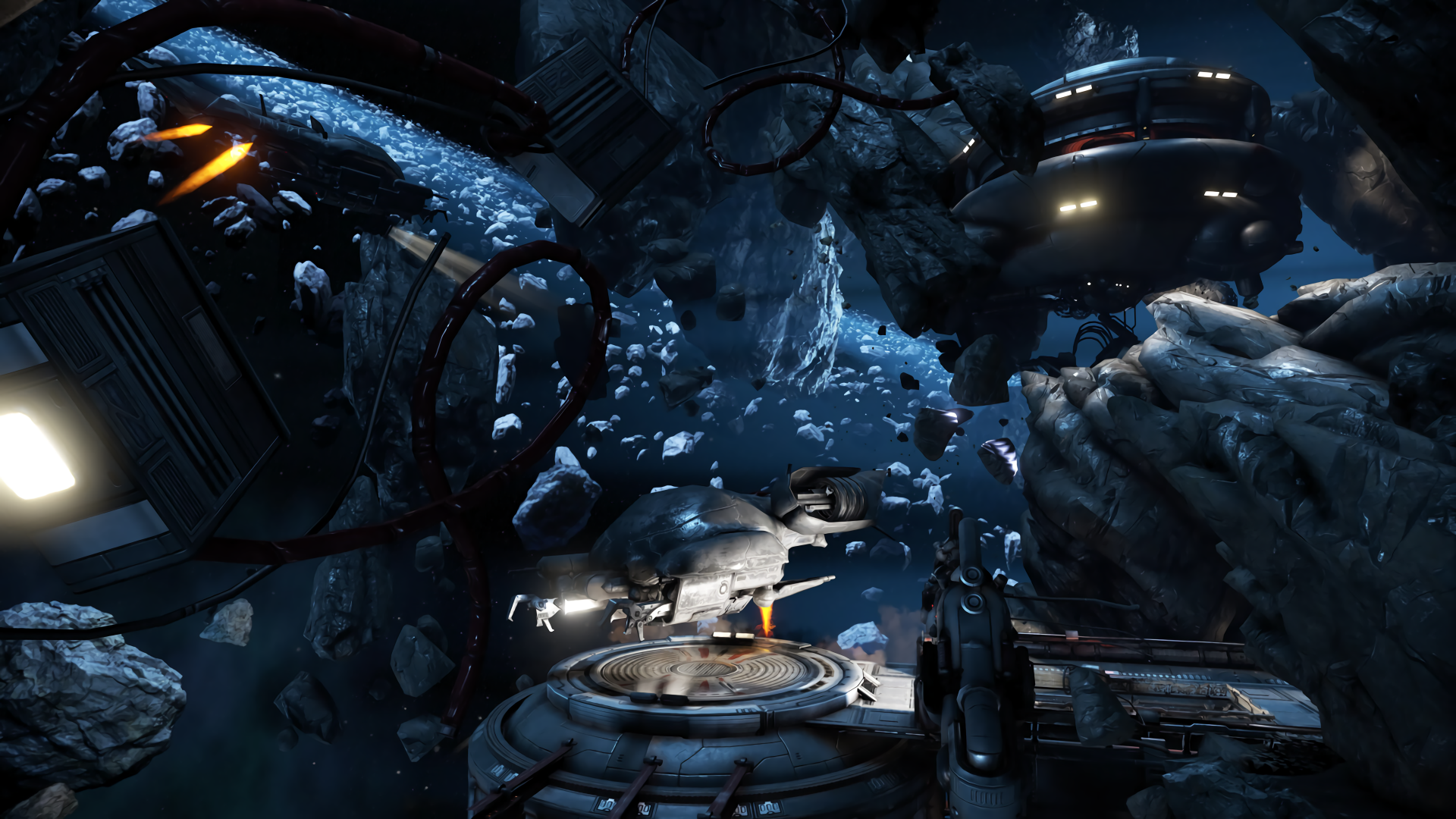 A stunning 4K Ultra HD scene from the video game Warframe, showcasing a sleek spaceship amidst a dramatic asteroid field in deep space.