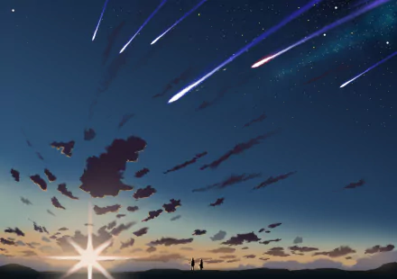 HD PC desktop wallpaper from the anime Your Name., featuring a twilight sky with shooting stars and scattered clouds over a distant horizon.
